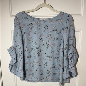 Le Lis Light Blue Floral Blouse with Ruffle Sleeves